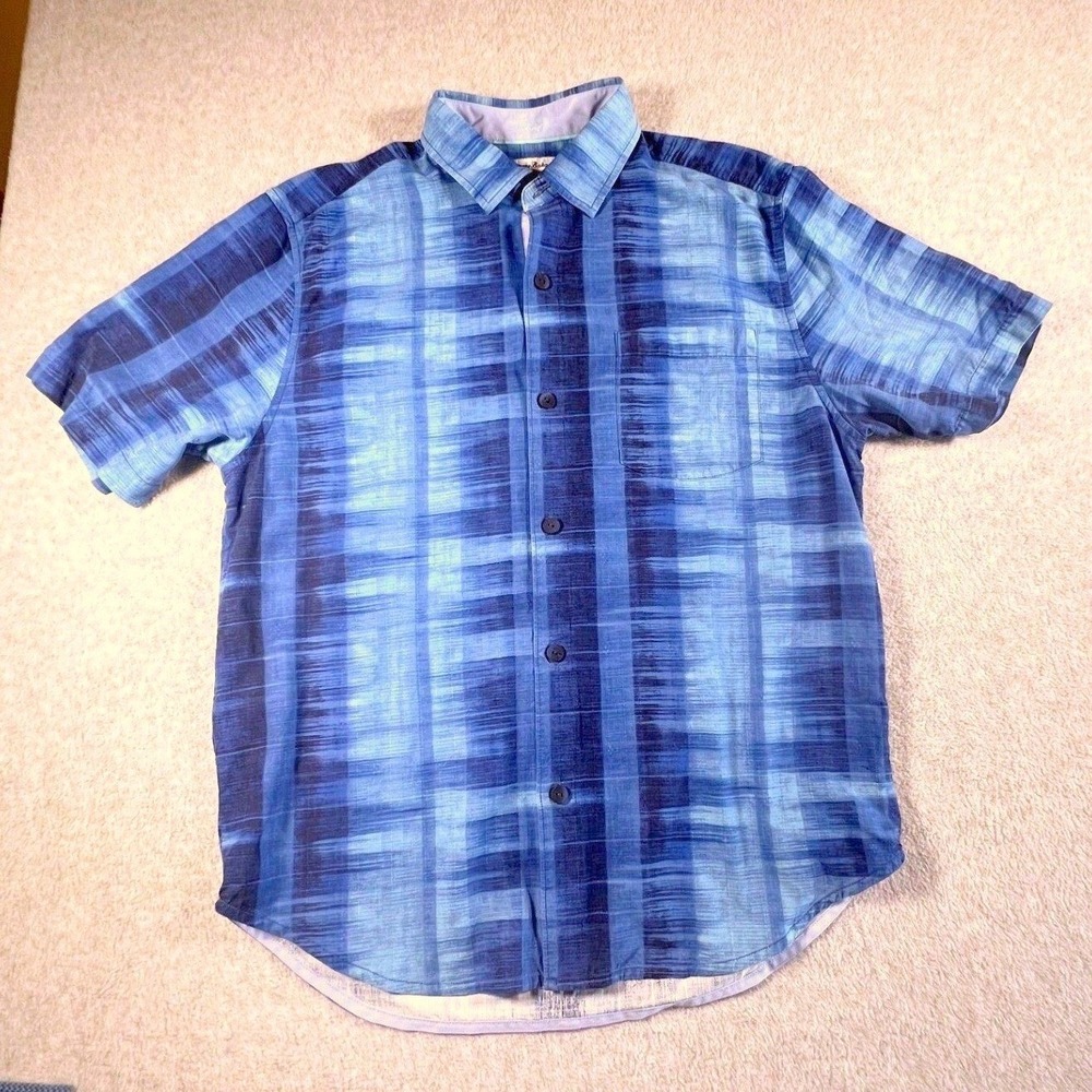 Tommy Bahama Mens Blue Ikat Plaid Short Sleeve Button Down Shirt Medium Tropical